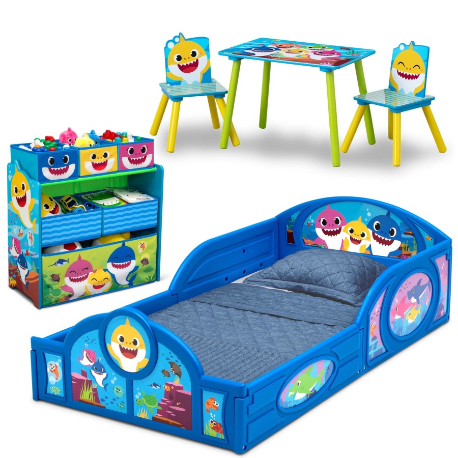 Delta Children Toddler Beds | Baby Shark 5-Piece Toddler Bedroom Set - Includes Toddler Bed, Table With 2 Chairs And 6 Bin Design And Store Toy Organizer