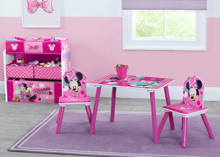 Delta Children Table & Chair Sets | Minnie Mouse 4-Piece Playroom Solution Set Includes Table And 2 Chairs And 6-Bin Toy Organizer