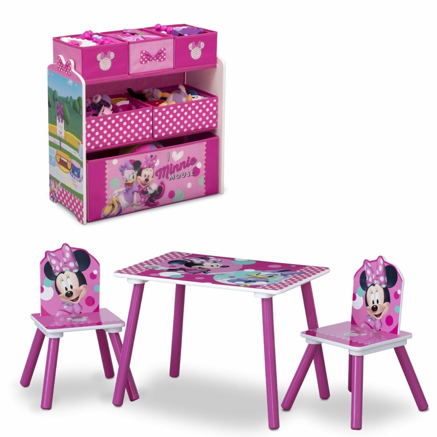 Delta Children Table & Chair Sets | Minnie Mouse 4-Piece Playroom Solution Set Includes Table And 2 Chairs And 6-Bin Toy Organizer