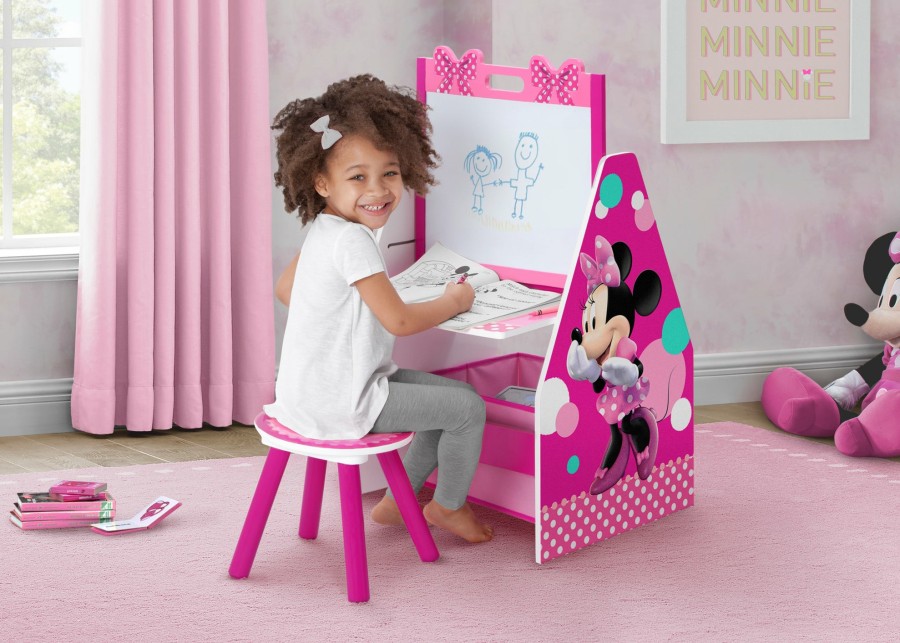 Delta Children Book & Toy Storage | Minnie Mouse Deluxe Kids Art Table - Easel, Desk, Stool, Toy Organizer