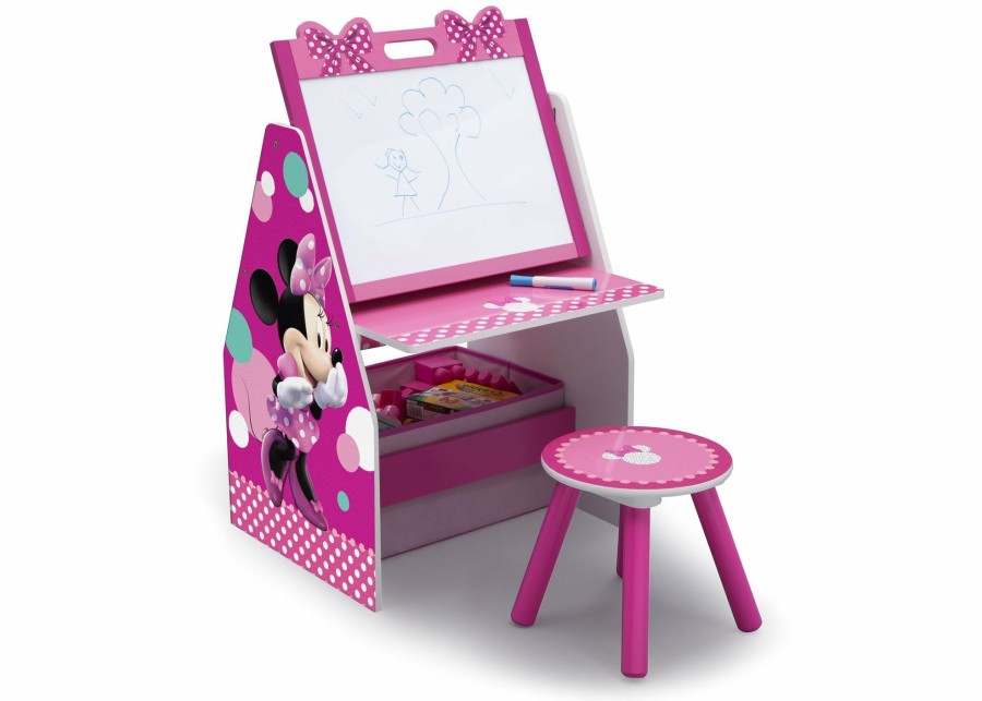 Delta Children Book & Toy Storage | Minnie Mouse Deluxe Kids Art Table - Easel, Desk, Stool, Toy Organizer