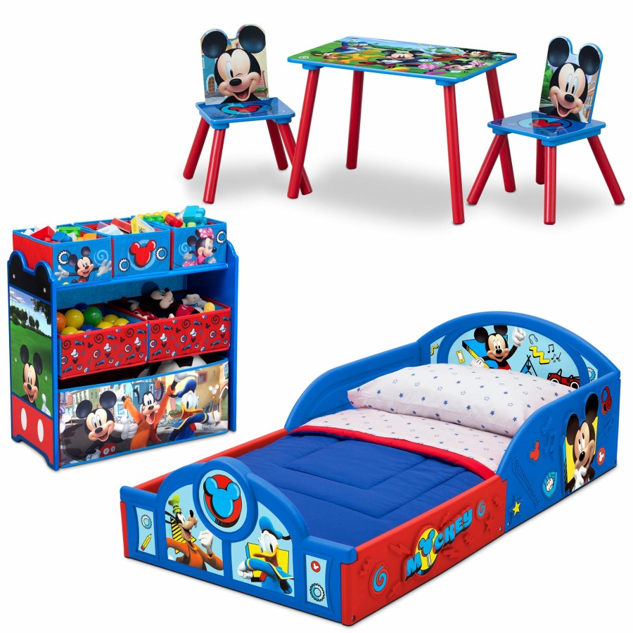 Delta Children Shop By Character | Disney Mickey Mouse 5-Piece Toddler Bedroom Set - Includes Toddler Sleep And Play Bed, Table With 2 Chairs And 6 Bin Design And Store Toy Organizer