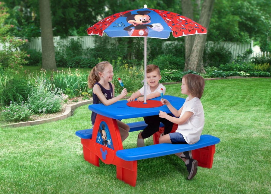 Delta Children Picnic Tables | Mickey Mouse 4 Seat Activity Picnic Table With Umbrella And Lego Compatible Tabletop