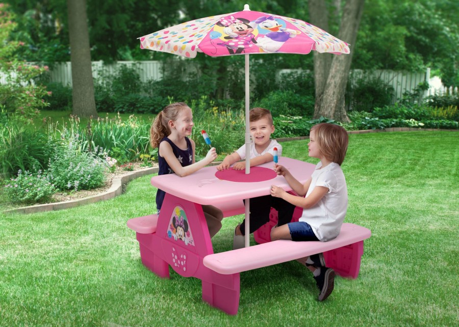 Delta Children Picnic Tables | Minnie Mouse 4 Seat Activity Picnic Table With Umbrella And Lego Compatible Tabletop