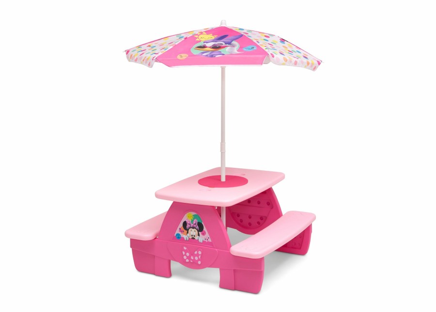 Delta Children Picnic Tables | Minnie Mouse 4 Seat Activity Picnic Table With Umbrella And Lego Compatible Tabletop